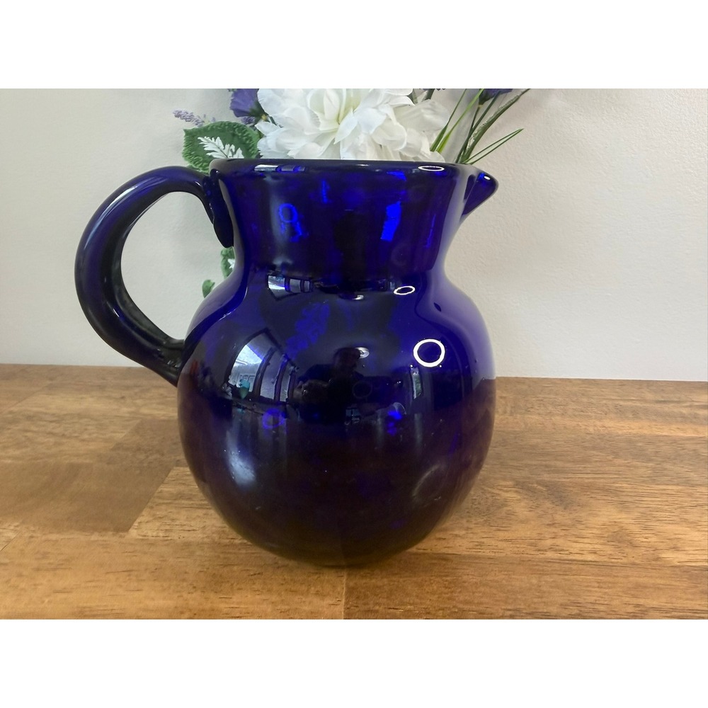 Vintage Cobalt Blue Glass Pitcher Art Glass Jug Hand Blown Rustic Farmhouse